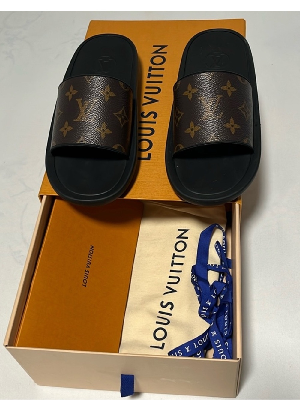 Louis Vuitton Brown Monogram Slide Sandals with Black Footbed